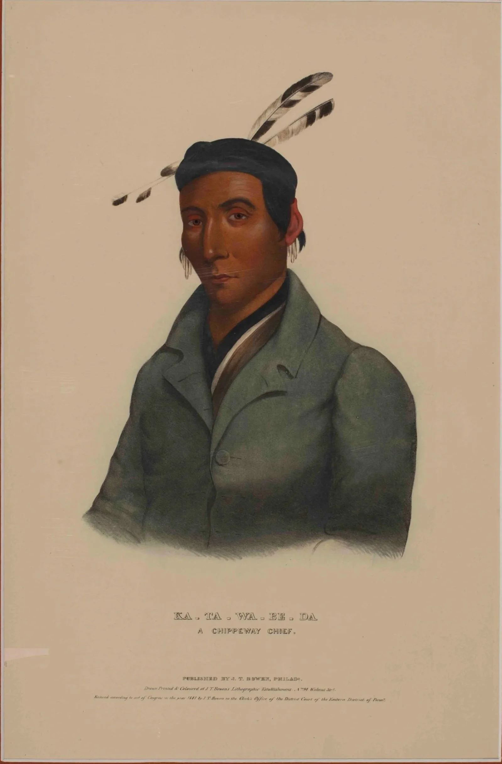 Chippewa Ka-Ta-Wa-Be-Da Hand Colored Lithograph 1842 McKenney and Hall