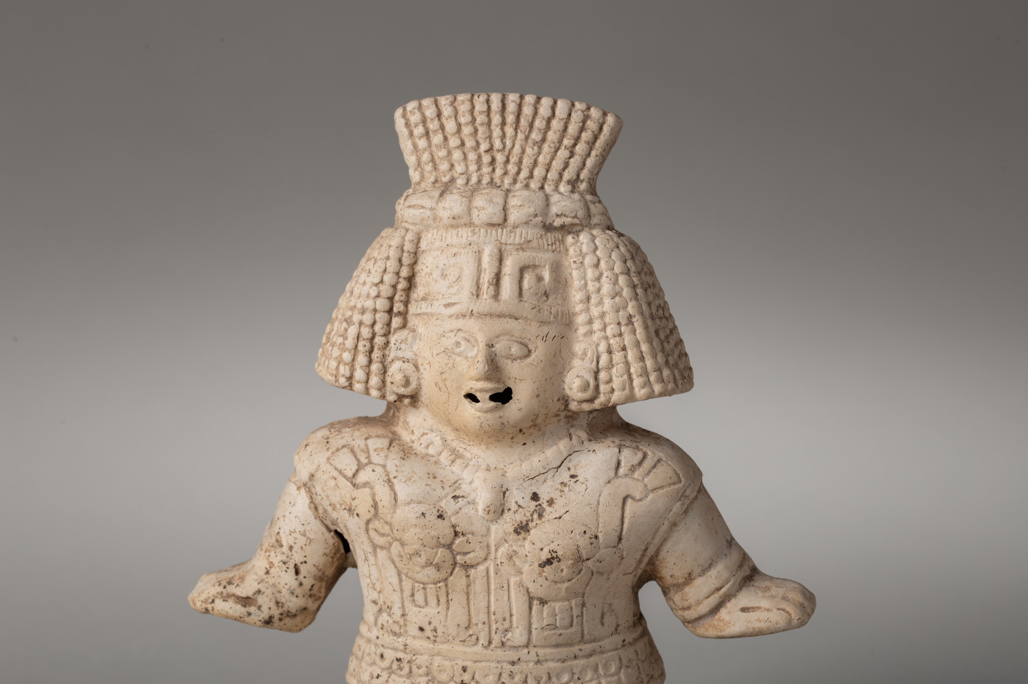 Mayan Clay Rattle, Kneeling Figure, Fan Headdress