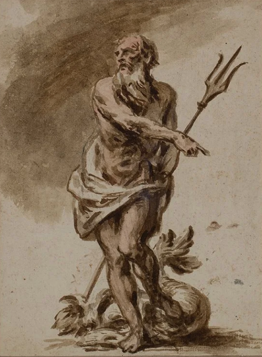 Old Master Drawing Neptune with Dolphin