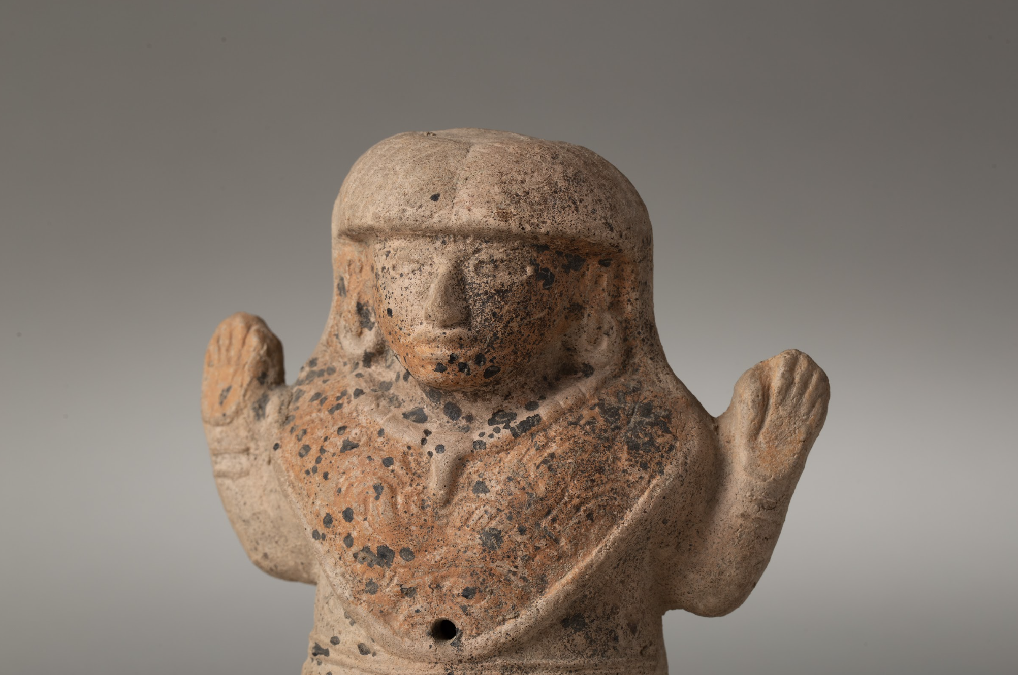 Mayan Clay Rattle, Standing Figure with Raised Arms