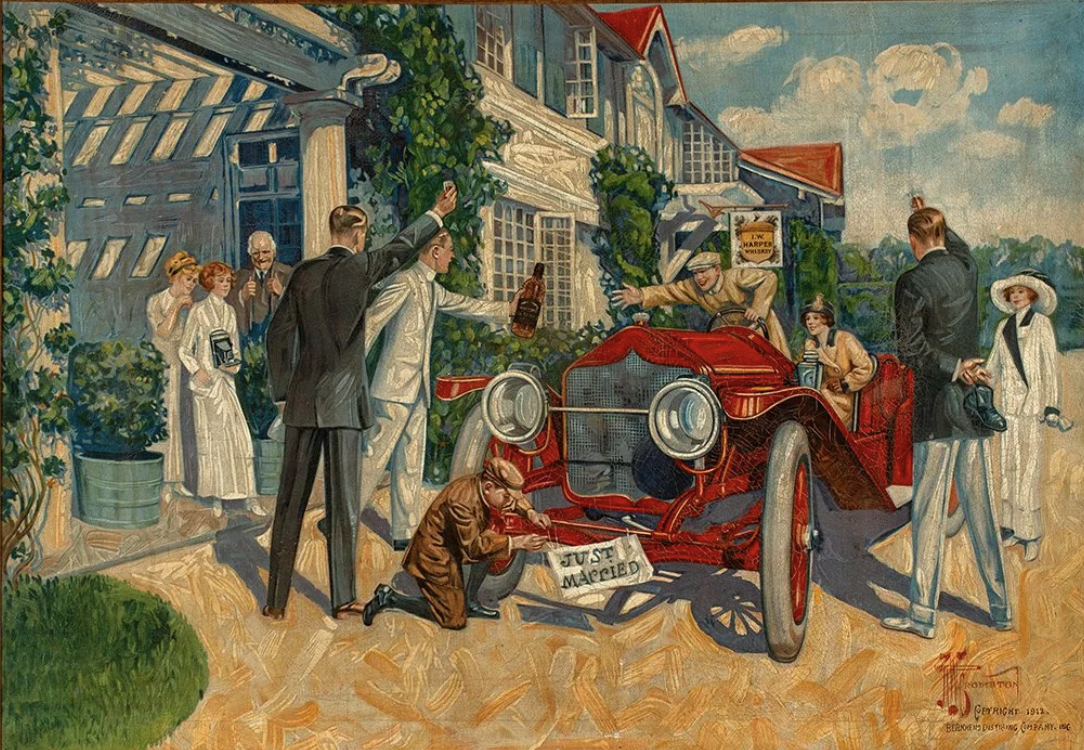 I.W. Harper Whiskey Oleograph "Just Married"