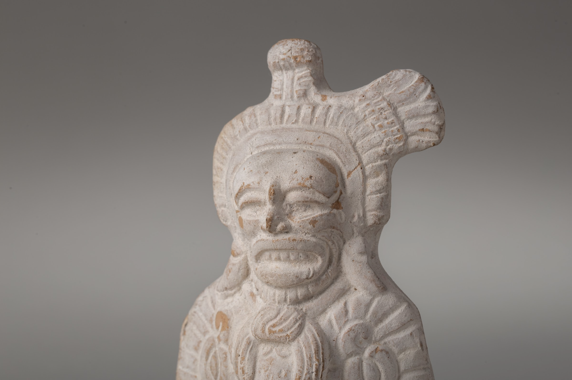 Mayan Jaina Clay Rattle, White-Slipped Deity Figure