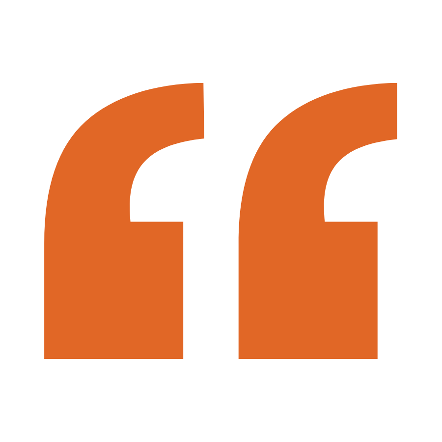 Large orange quotation mark symbols on a black background.