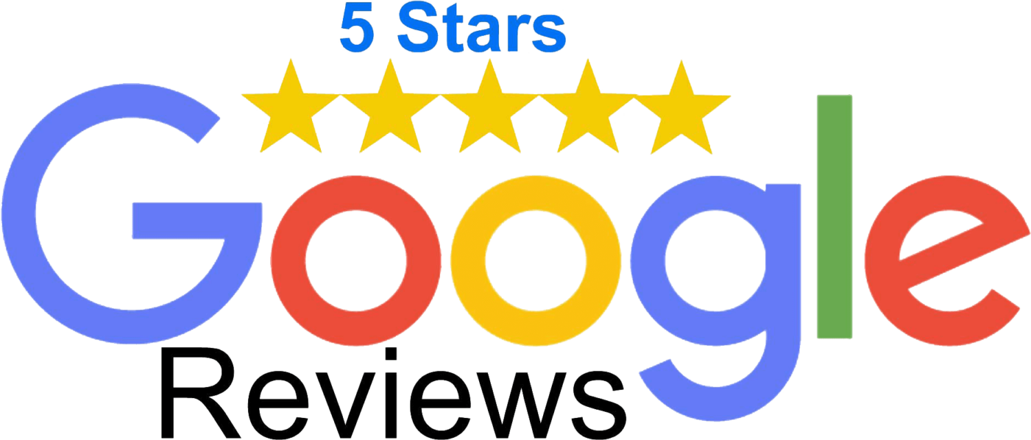 Google logo with the text "5 Stars" above it, surrounded by yellow stars, and the word "Reviews" below in black text.