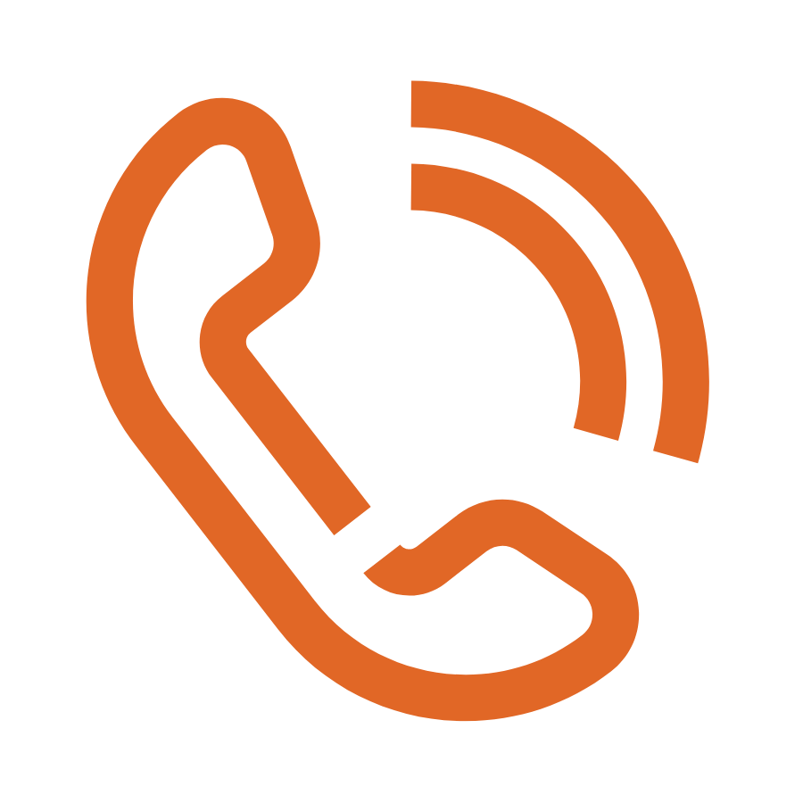 Orange line drawing of a telephone receiver with sound waves indicating a ringing or call in progress.