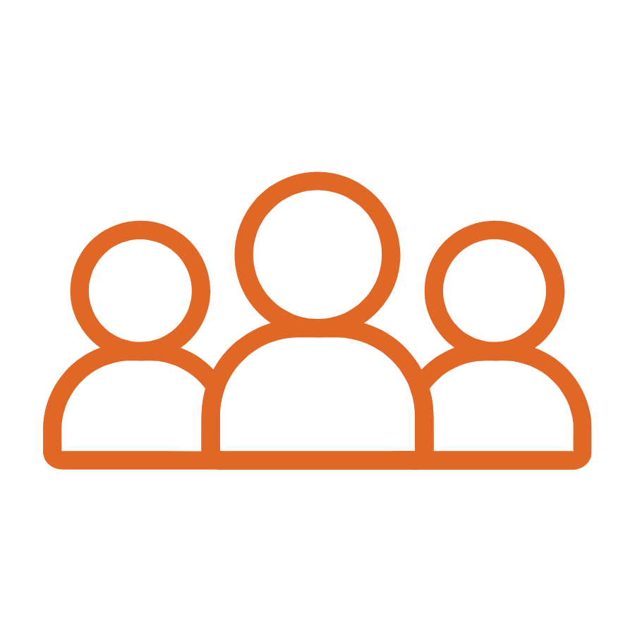 Outline graphic of three people, with one in the center, representing a group or team.