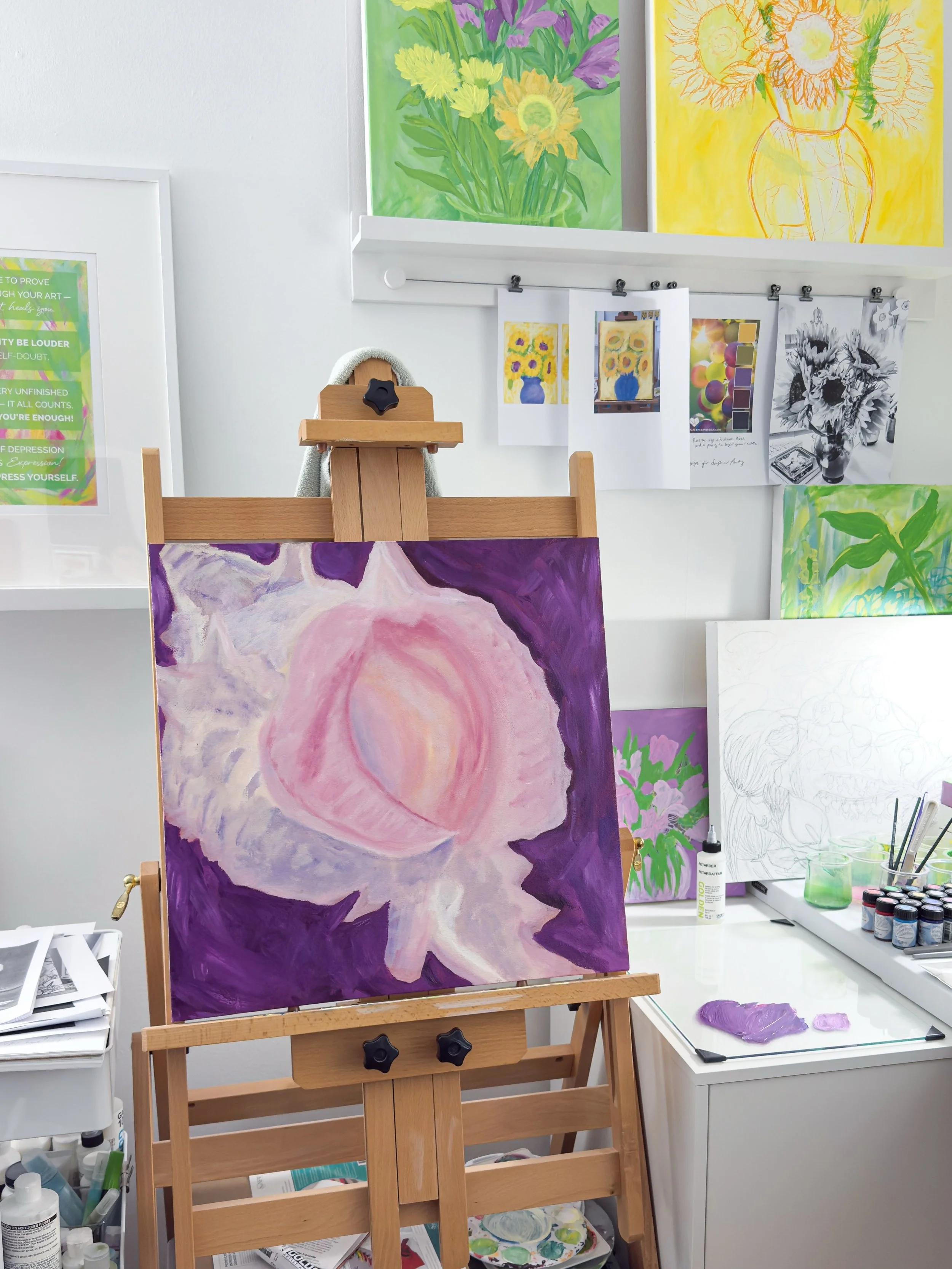 After sitting on a literal and proverbial shelf for over 20 years, this seashell painting finally made its way back to my easel recently. It wasn&rsquo;t about rushing to finish it; it was about teaching myself a vital lesson in releasing rigid expec