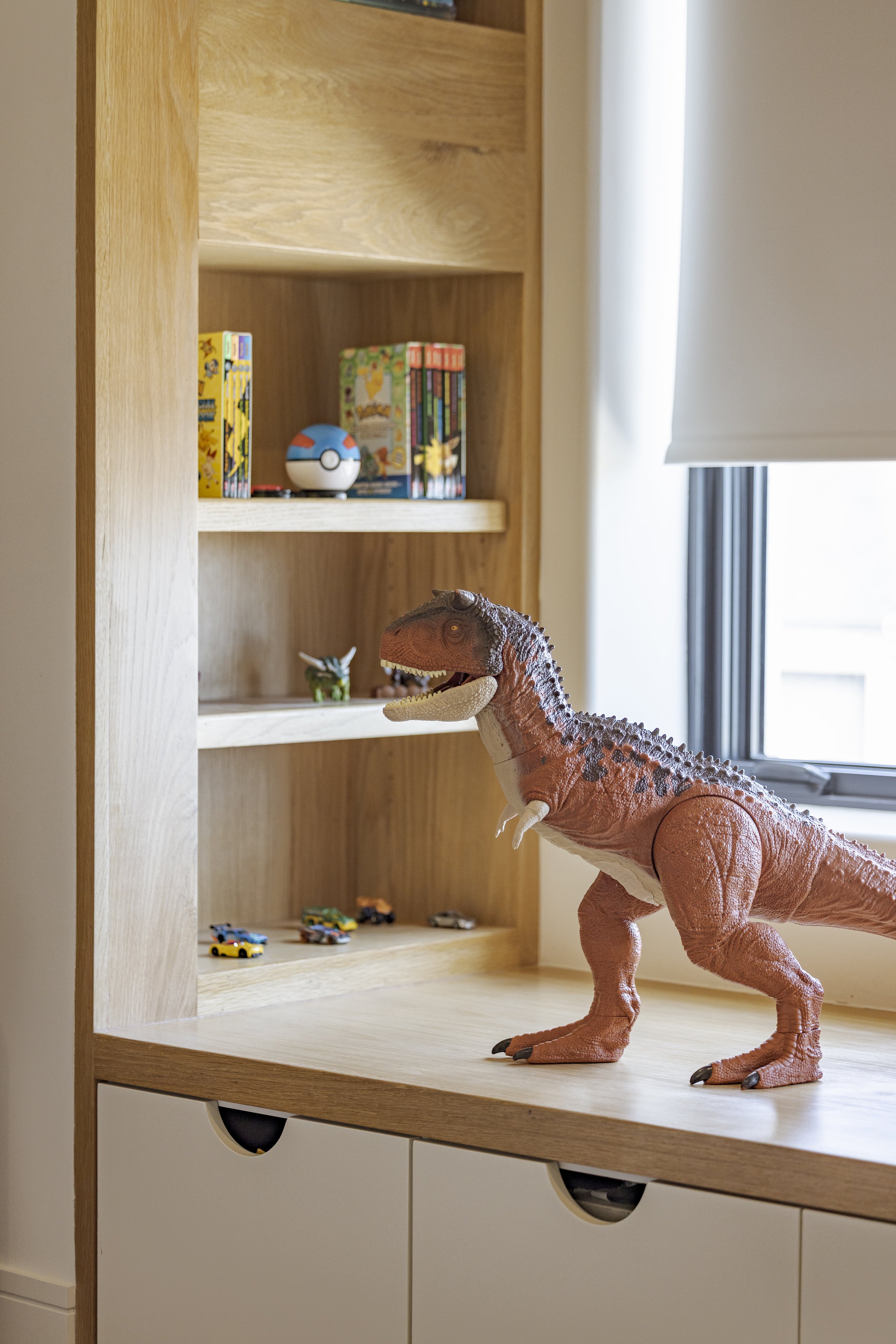 Integrated toy/book shelves and storage drawers