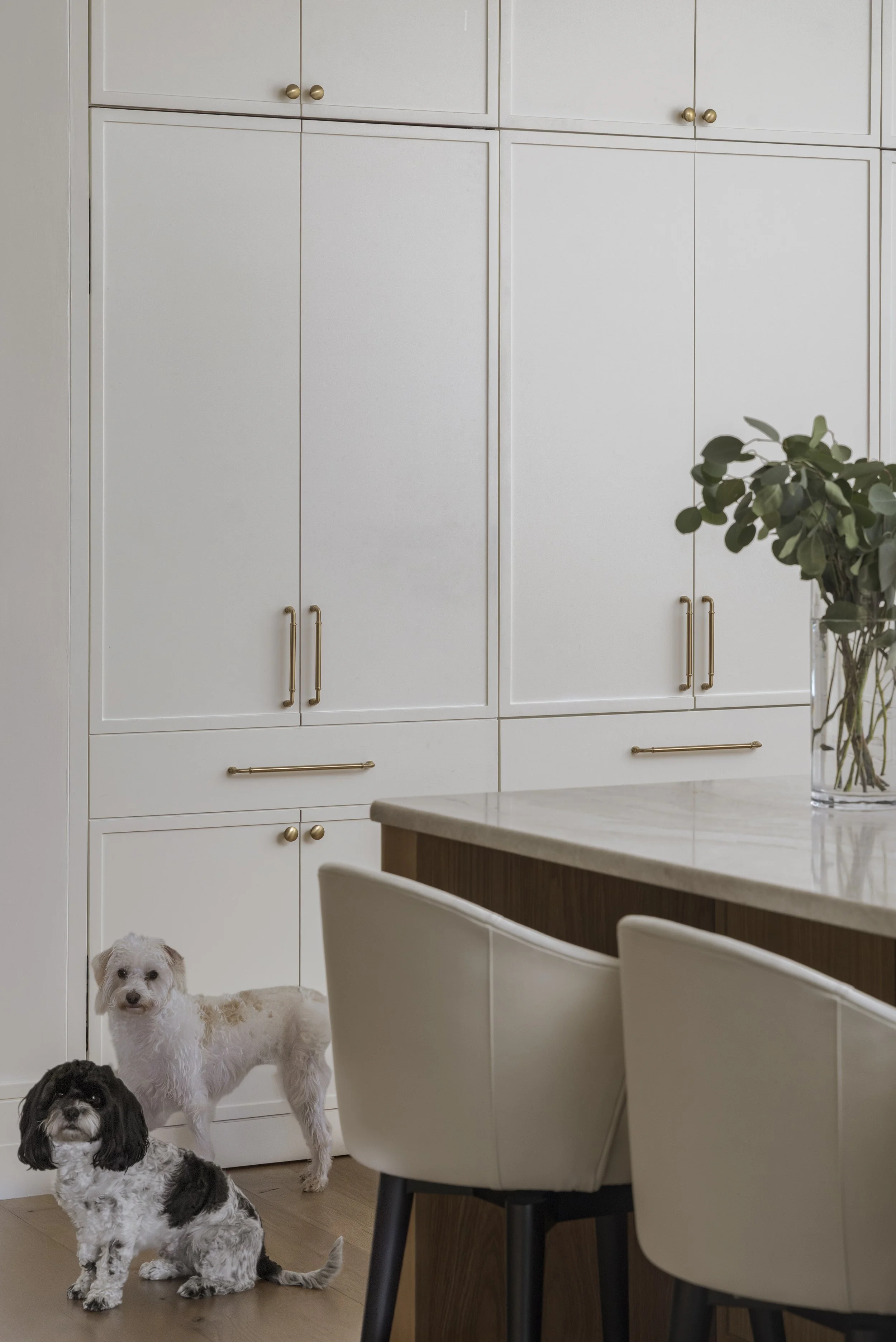 Custom cabinet door hides built-in refrigerator