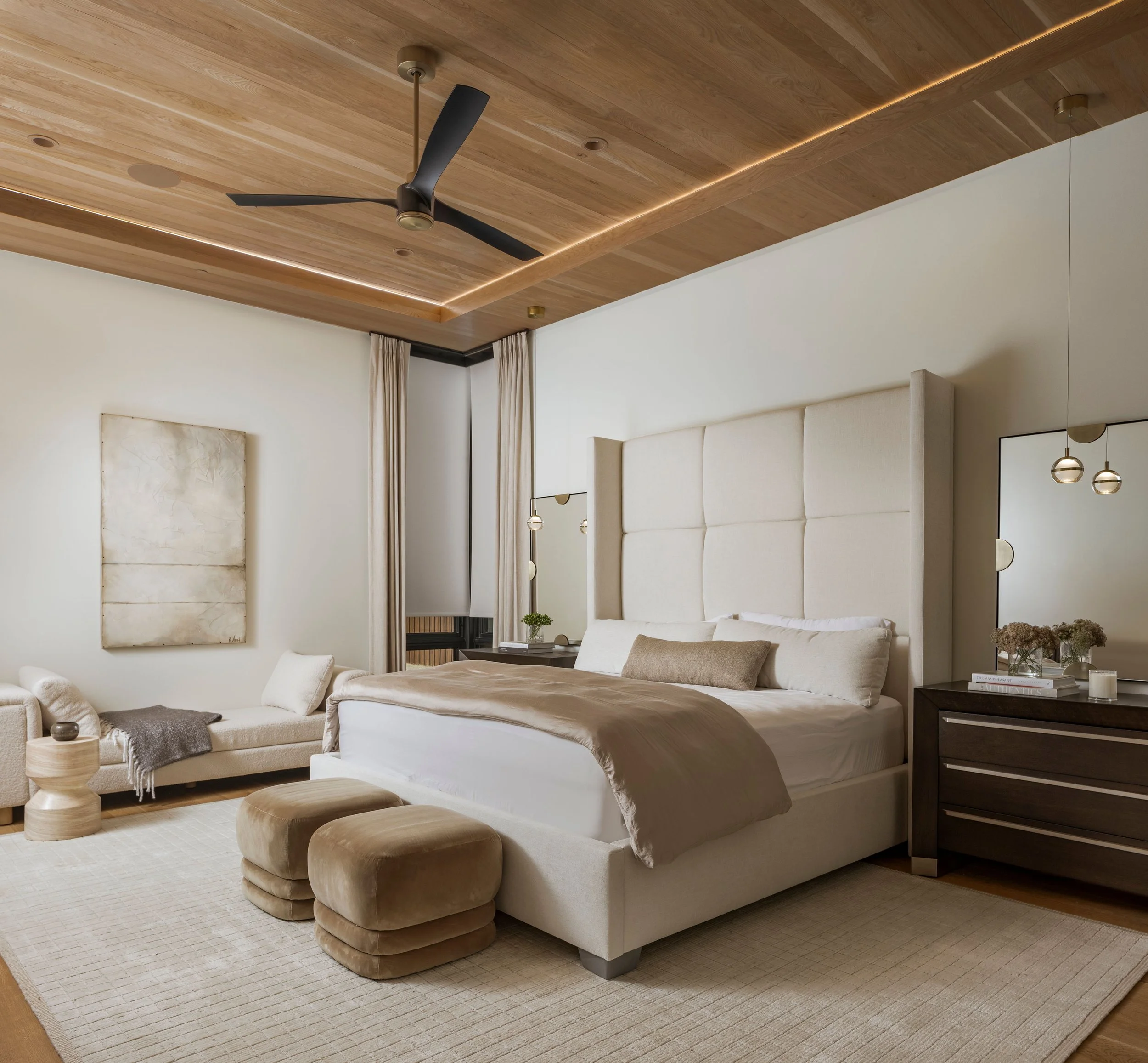 Custom wood ceiling with inset lighting in master bedroom