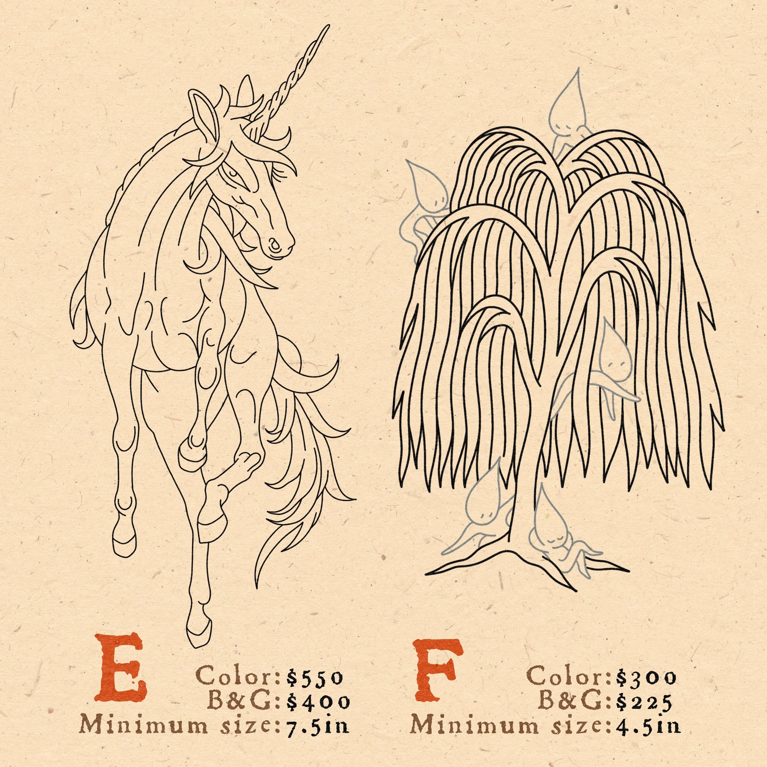  E. Unicorn  F. Haunted Tree - willow trees symbolize the eternal life of a spirit 