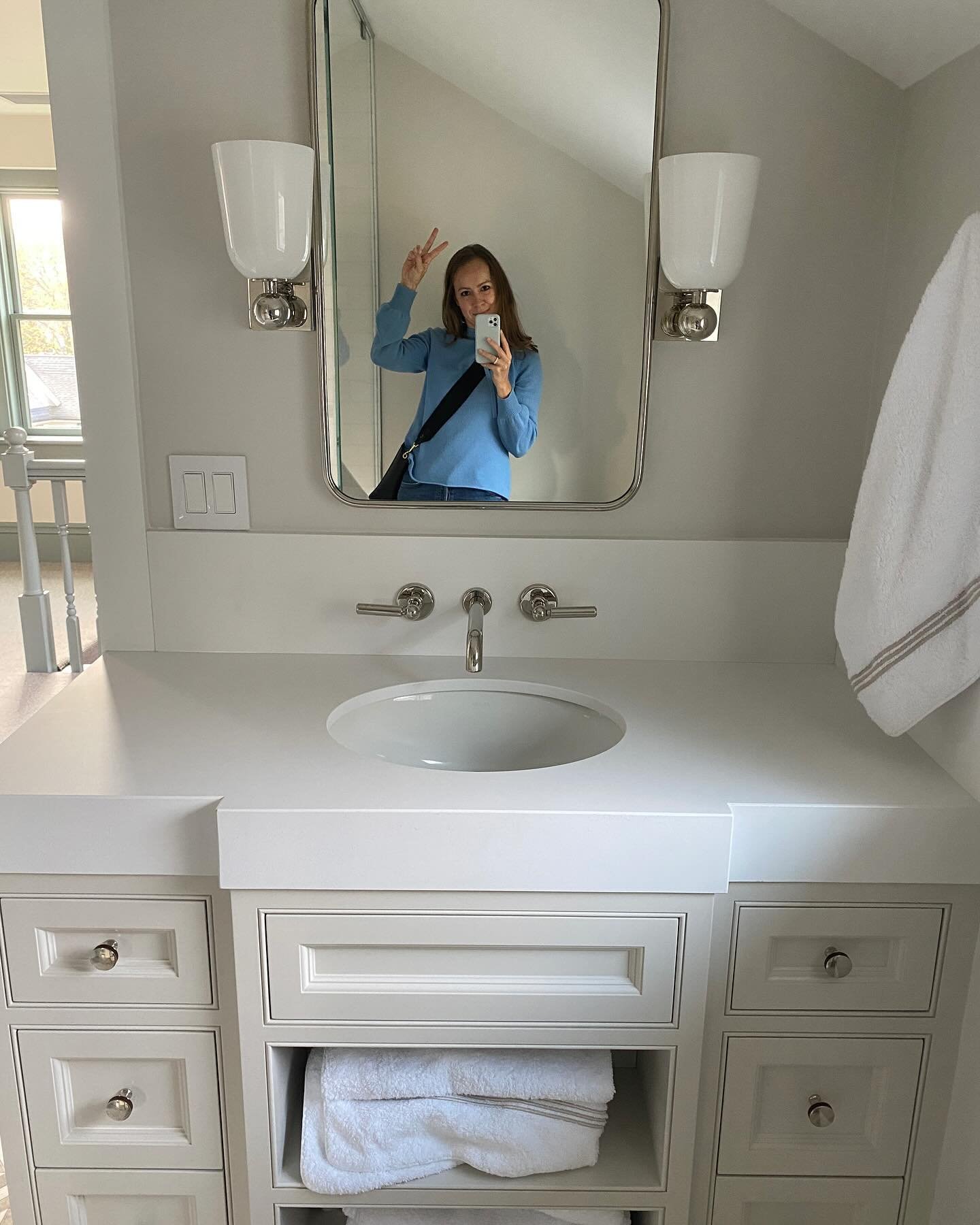 Hello from a cute little attic bathroom! 👋🏻 Sometimes it&rsquo;s impossible to hide from the camera. We managed to pull off a sophisticated guest bath addition in a tight space. A few job site photos from the ol&rsquo; phone will have to do!