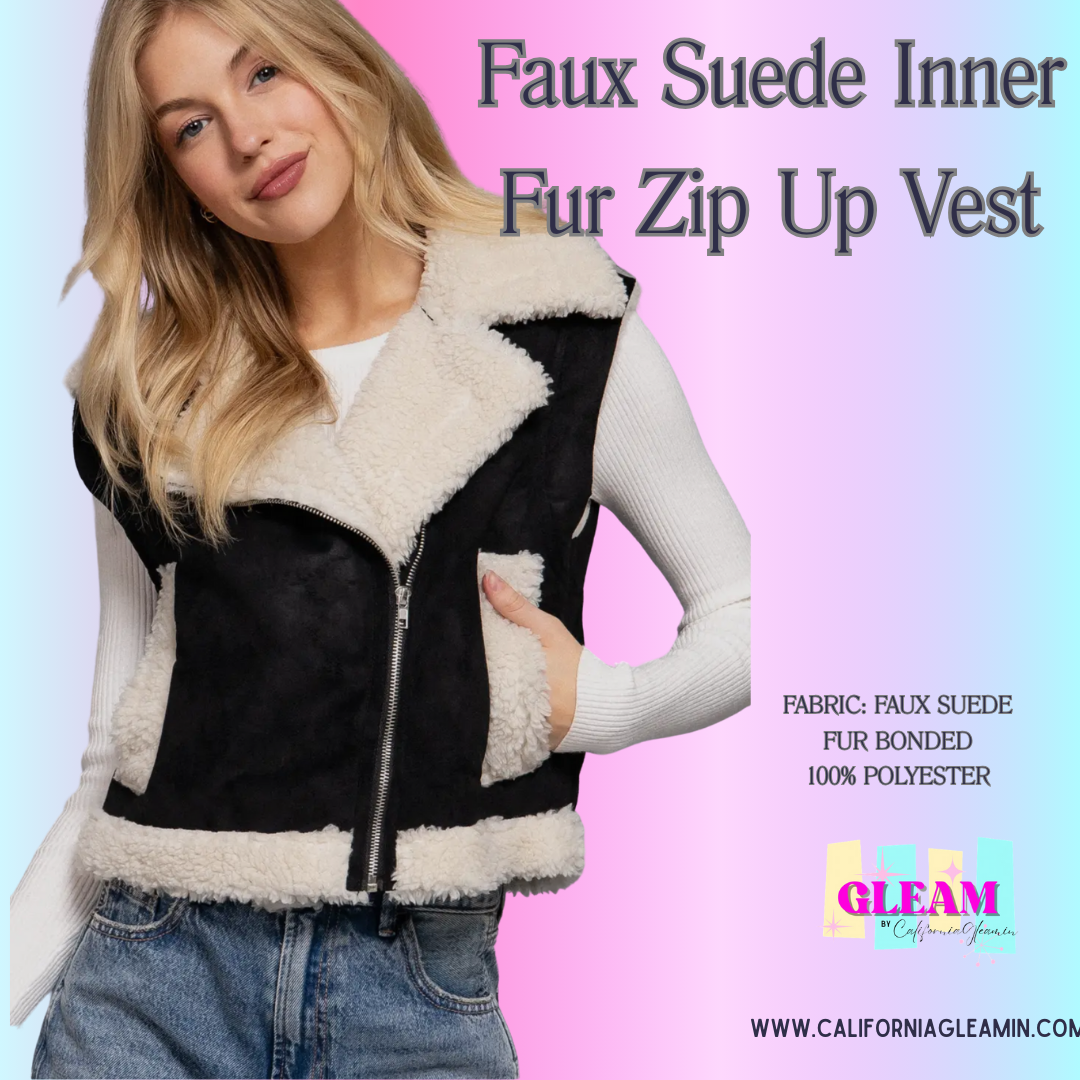 Faux Suede Inner Fur Zip Up Vest