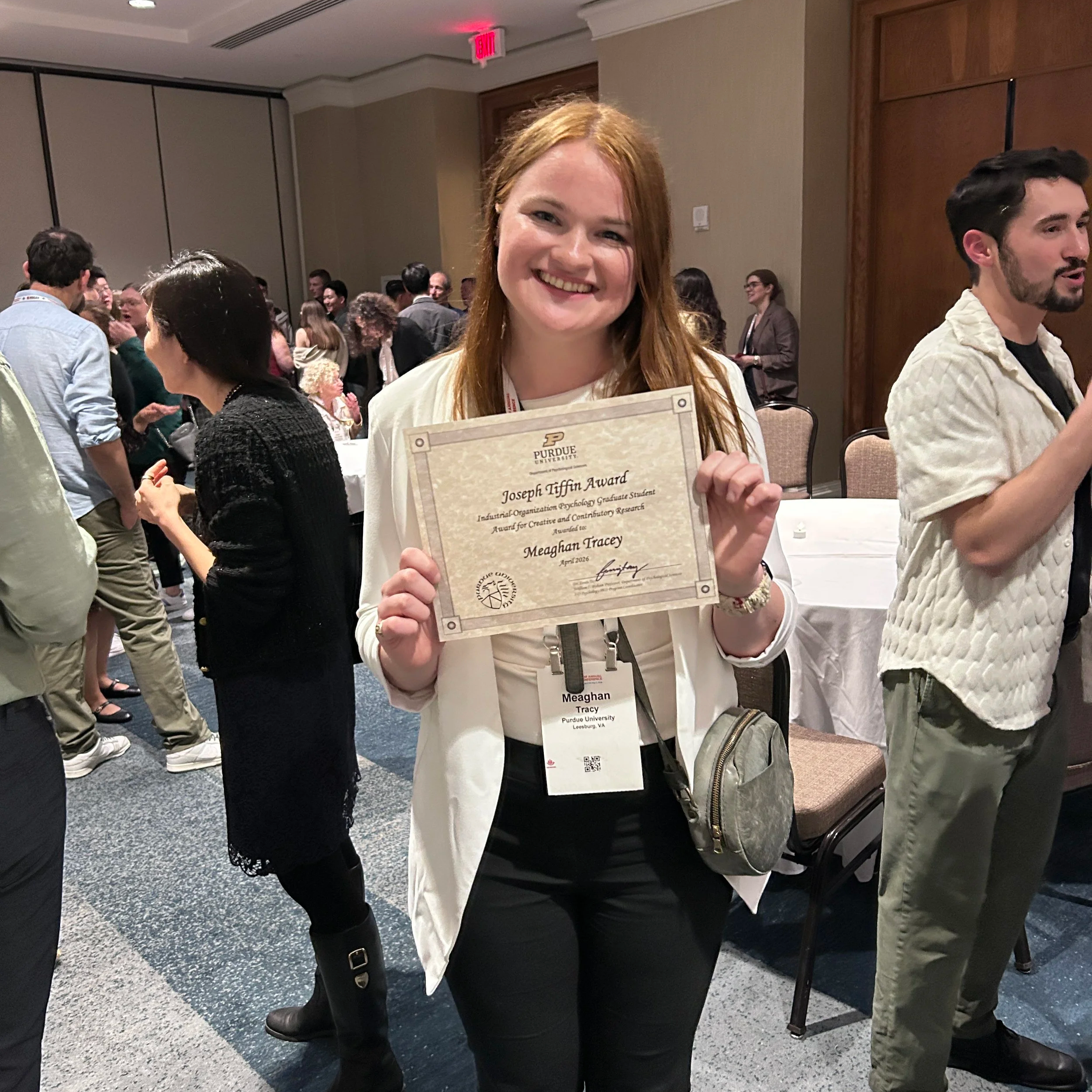Meaghan Tracy received Purdue's Joseph Tiffin Award at SIOP 2026. Congrats Meaghan!