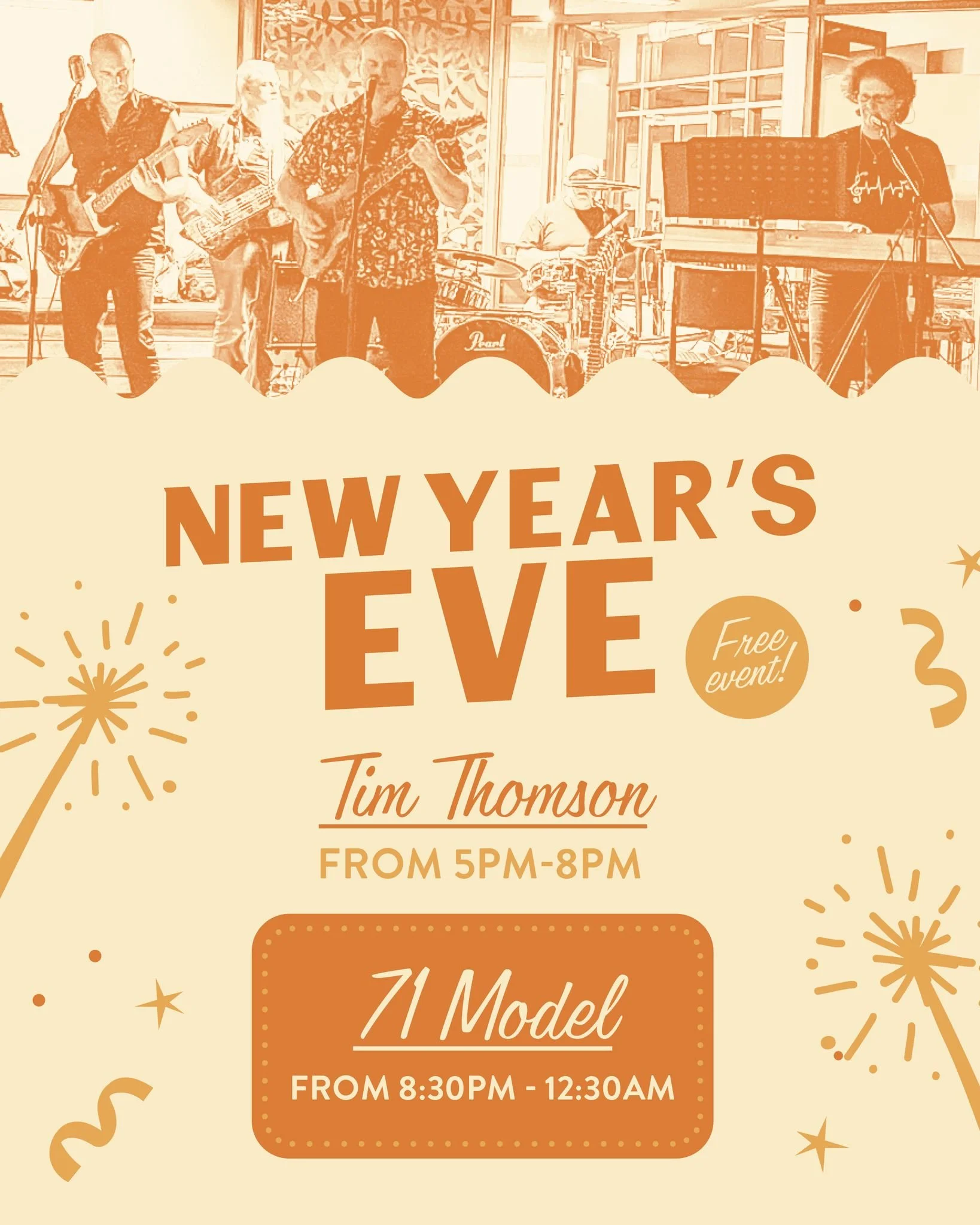 Say hello to 2026 with us at the Golfy, with this free event to celebrate New Year&rsquo;s Eve. 🥂 🍾 Enjoy tunes from two great acts:

🎙 TIM THOMSON | 5pm - 8pm | Cruisy acoustic tunes

🎸 MODEL 71 | 8:30pm - 12:30am | Pub pop-rock, covering all th