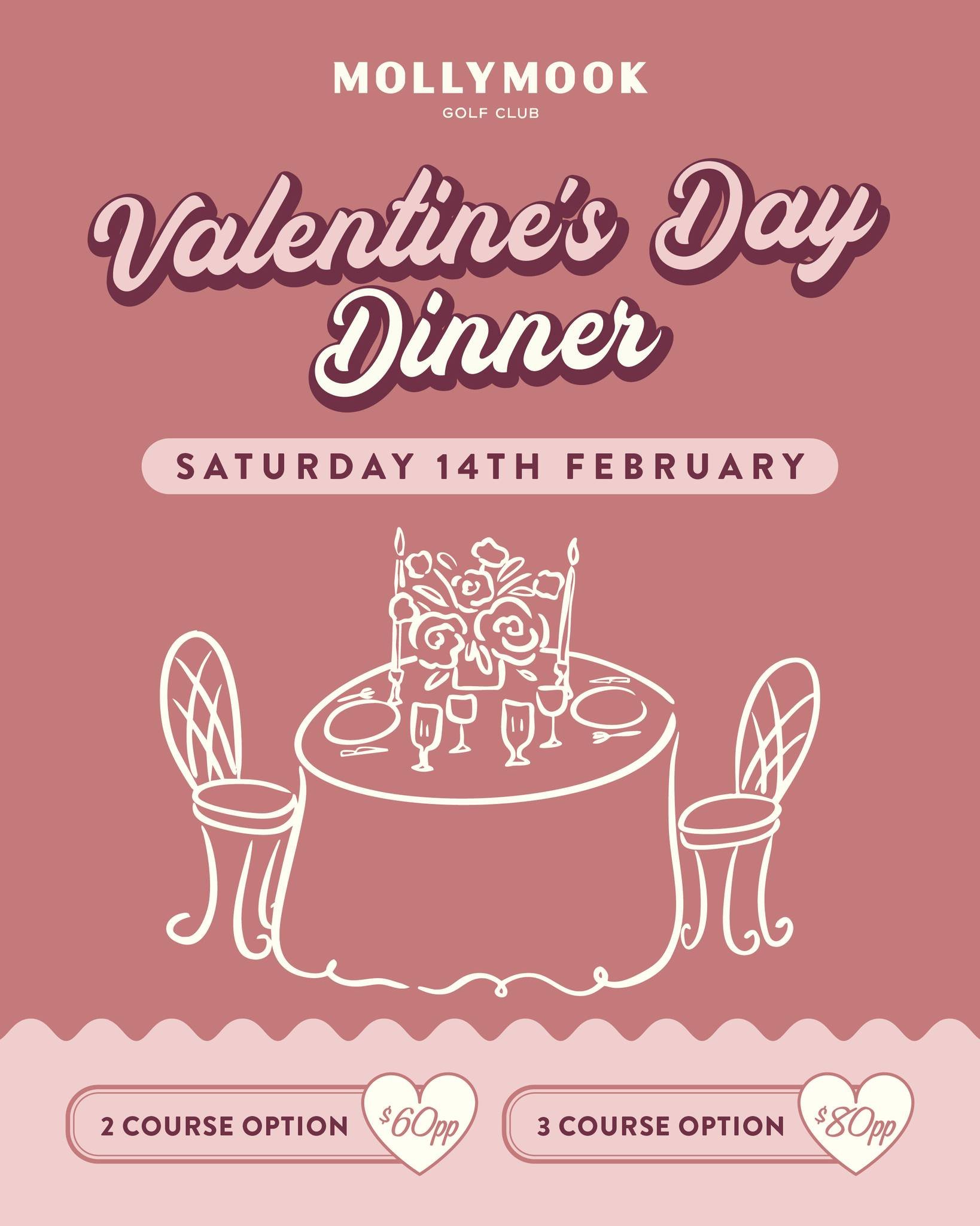 Make it a date at Mollymook Golf Club this Valentine's Day! 💕 Dinner for two at the Bistro, where you can enjoy a 2 or 3 course set menu against the stunning ocean backdrop. 😍

🗓 Saturday 14th February
🕰 Dinner bookings from 5:30pm 

2 course set