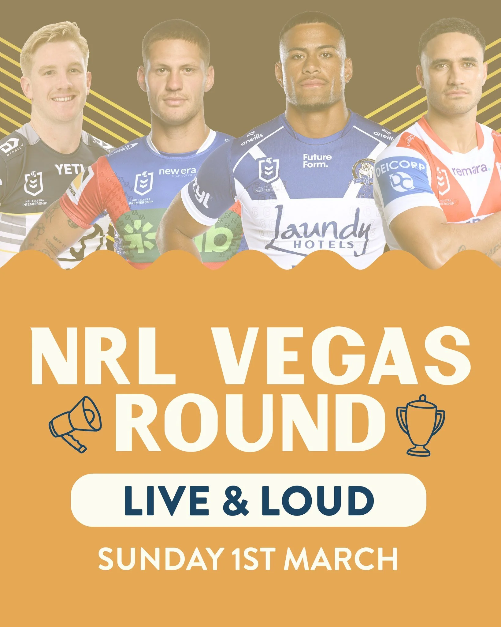 It's Vegas, baby! Catch all the action of the NRL Vegas Round 2026 season opener, live &amp; loud right here at the Golfy. 🏟 🍻 Enjoy $7 Carlton Dry schooners throughout the games.

🗓 Sunday 1st March

🏉 Super League:
11am | Hull KR vs Leeds Rhino