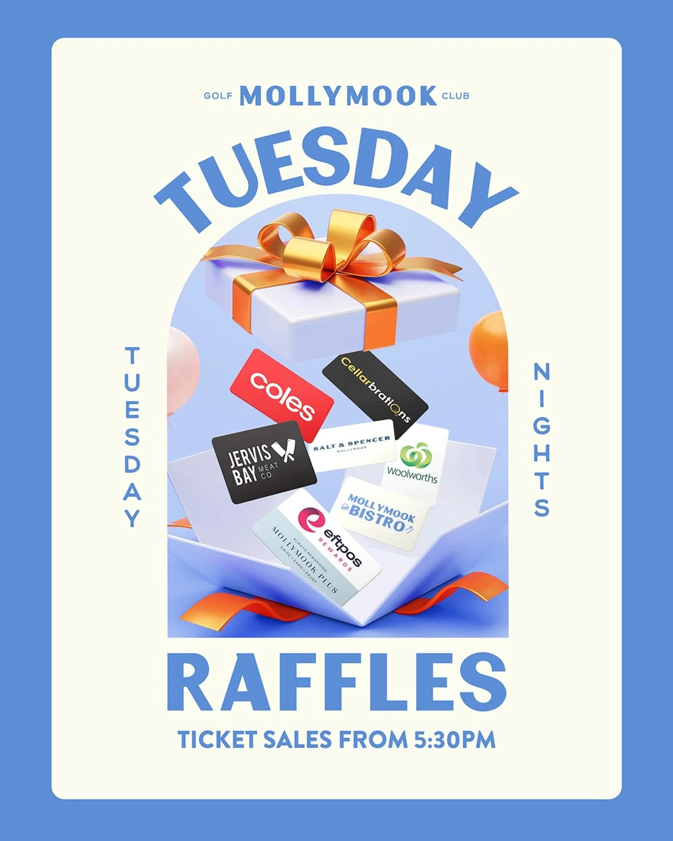 Every Tuesday night! Come along and beat the pinch with your chance to WIN $1,100 worth of prizes each week&hellip; 🎁

🥩Meat trays thanks to @jervisbaymeatco 
🛒Woolworths vouchers
💳 Coles vouchers
⛳️ Mollymook Plus EFTPOS Rewards
☕️ Salt &amp; Sp