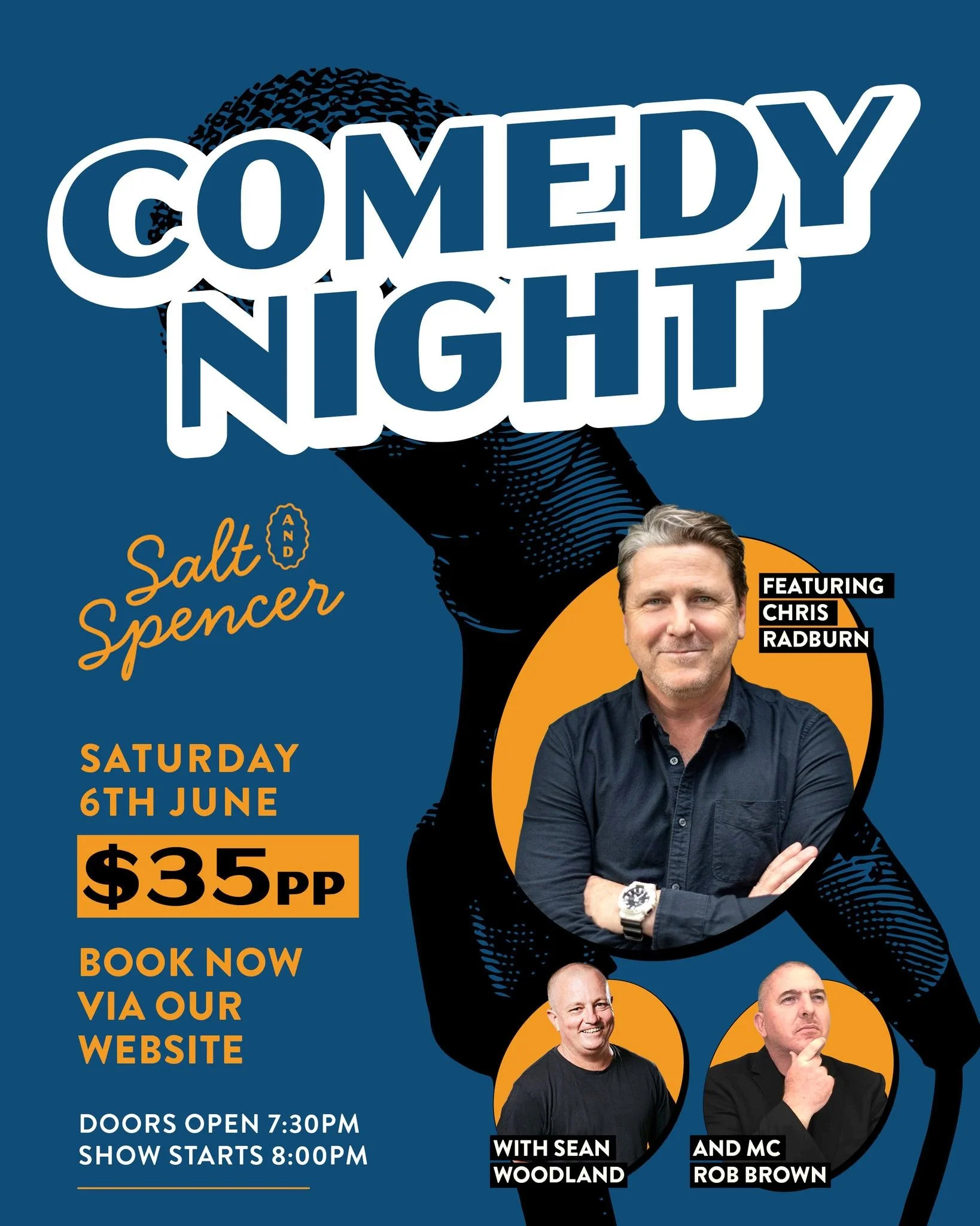For happy-go-lucky, fun-loving folks only, @saltandspencermollymook brings you a COMEDY NIGHT this long weekend! 🎤 🤣

Seasoned comedians, Chris Radburn and Sean Woodland are joined MC Rob Brown for a full-blown evening of mic drops and punchlines. 