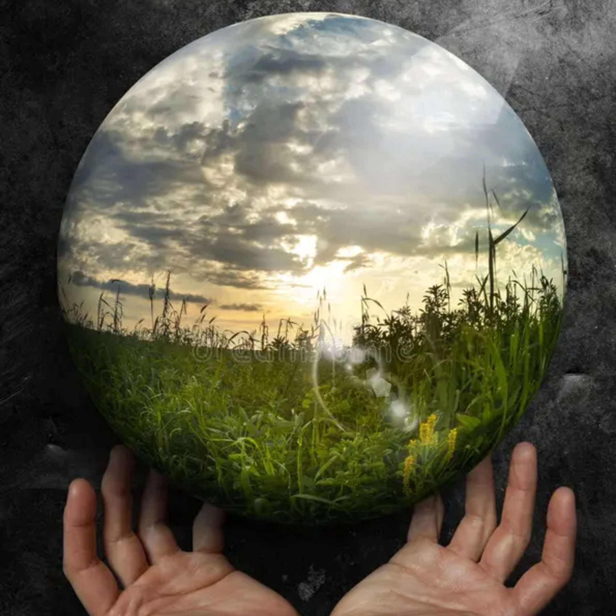 A reflective, spherical mirror with a landscape scene of a grassy field and a cloudy sky at sunset, held by two hands resting on a dark surface.