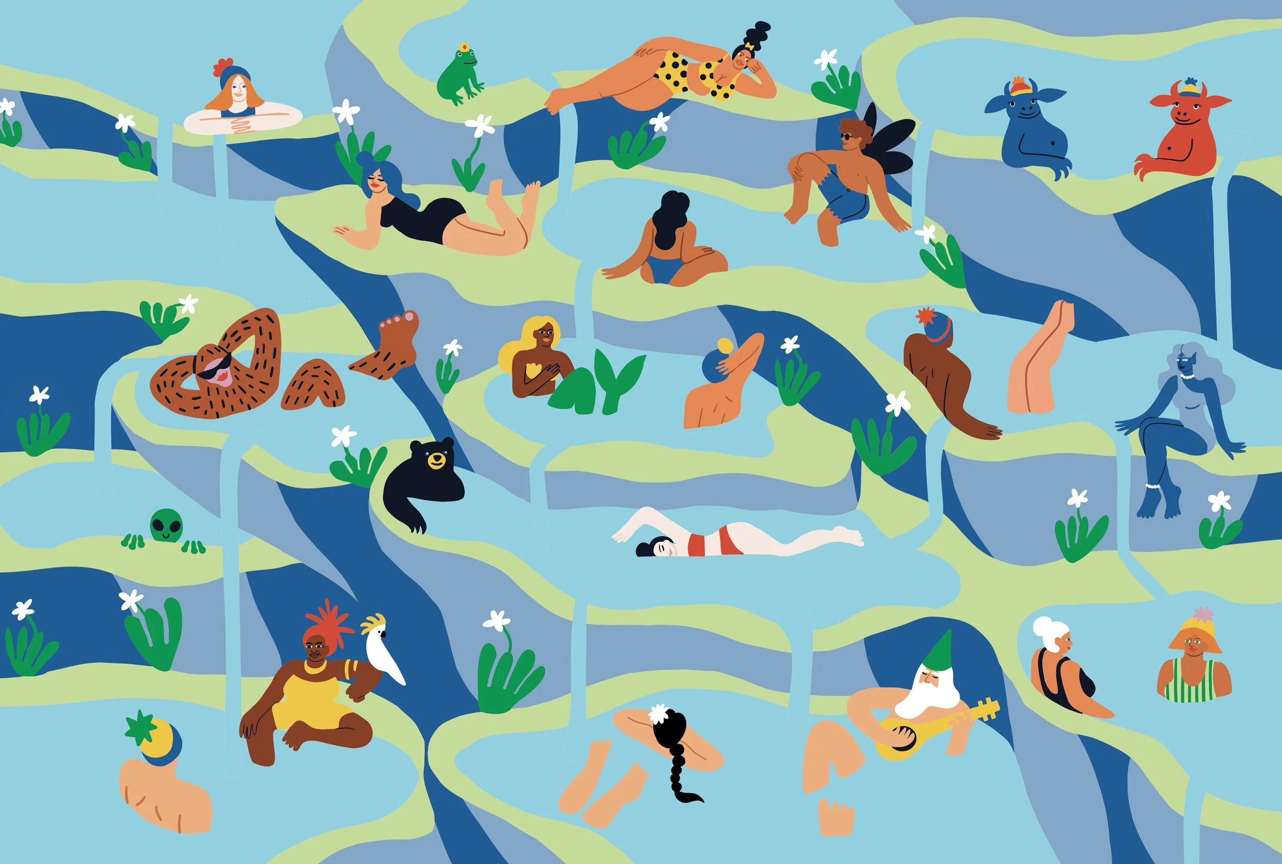 Hot Springs, inspired by the cascading Umpqua Hot Springs in Oregon, and my experience of encountering a cast of fantastic weirdos when visiting wild hot springs