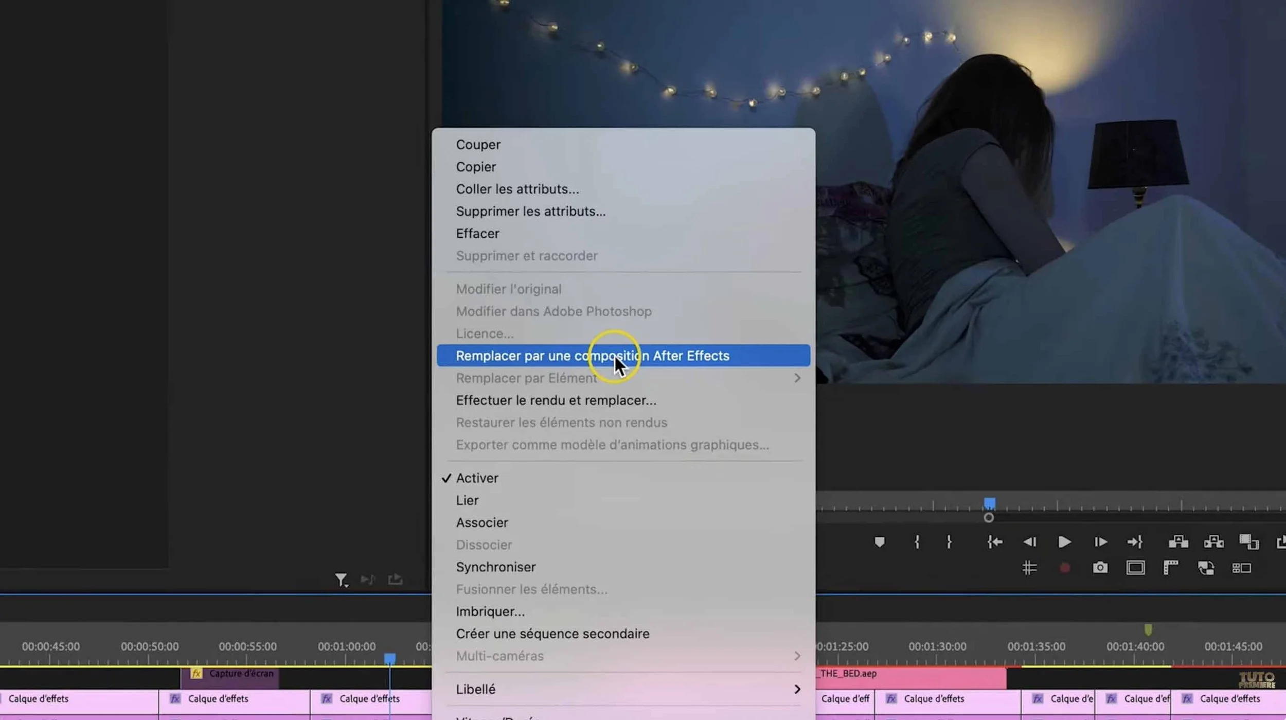 dynamic link Premiere Pro After Effects composition menu contextuel - Tuto Premiere