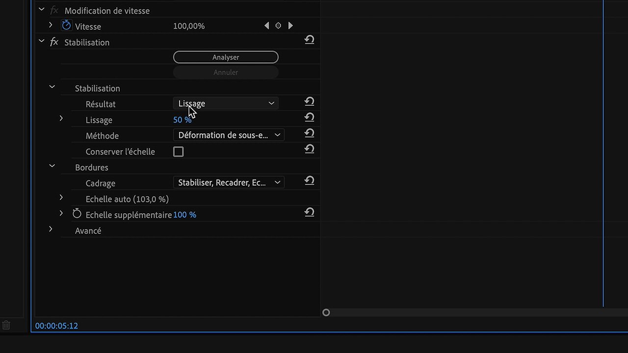 stabiliser une vidéo Premiere Pro stabilisation de déformation warp stabilizer réglages 2026 - Kévin Mendiboure École des Vidéastes