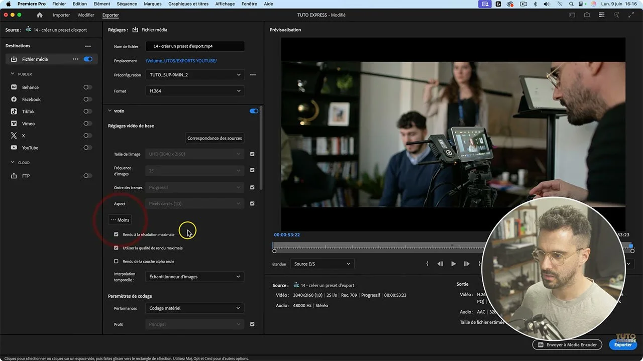 exporter une vidéo Premiere Pro réglages YouTube 4K HD débit H.264 2026 - Kévin Mendiboure École des Vidéastes