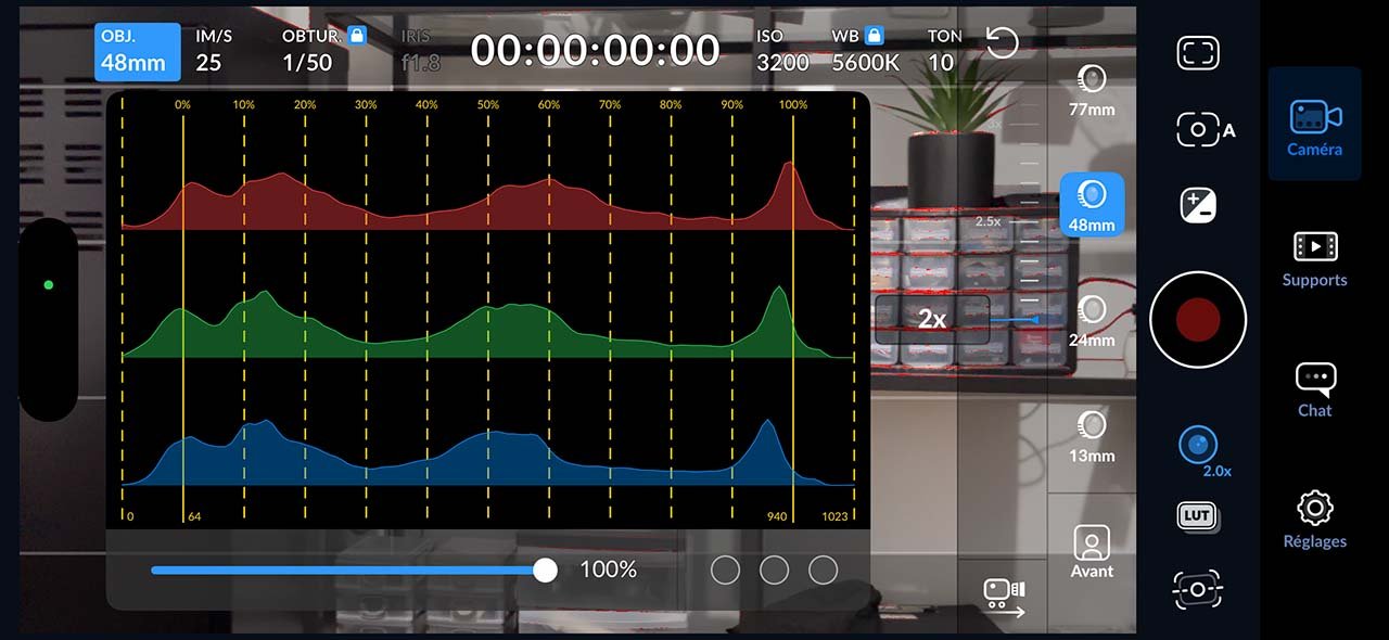 interface Blackmagic Camera histogramme zébras focus peaking monitoring pro