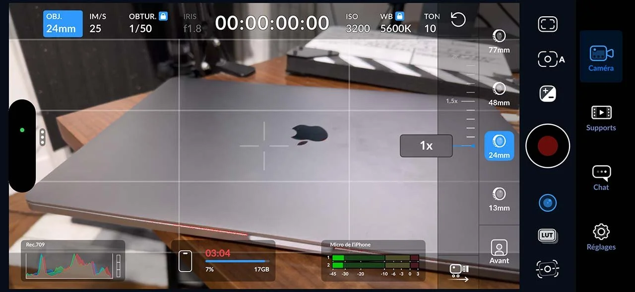 interface Blackmagic Camera objectif cadence image obturateur balance monitoring pro