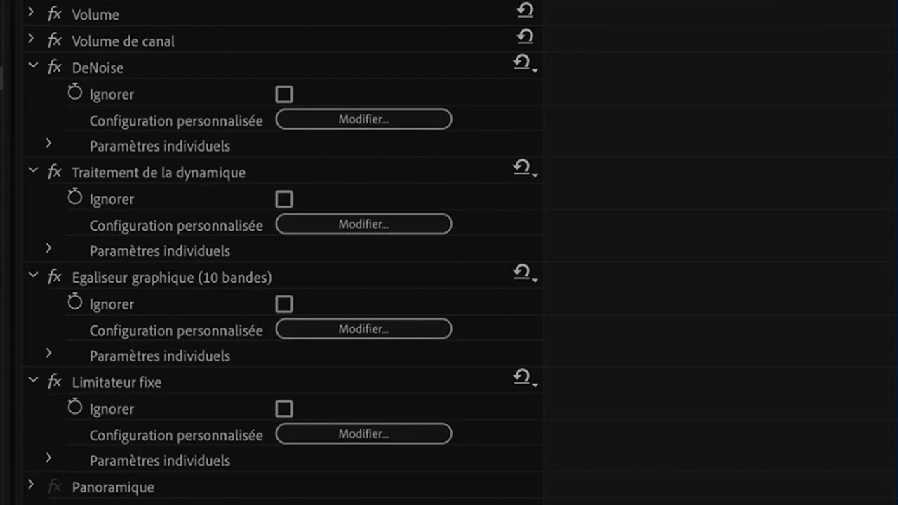 chaîne effets audio voix YouTube Premiere Pro limiteur fixe égaliseur traitement dynamique