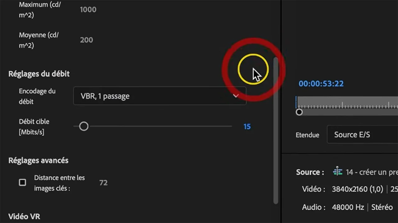 débit cible export YouTube 1080p 4K Premiere Pro VBR rendu résolution maximale