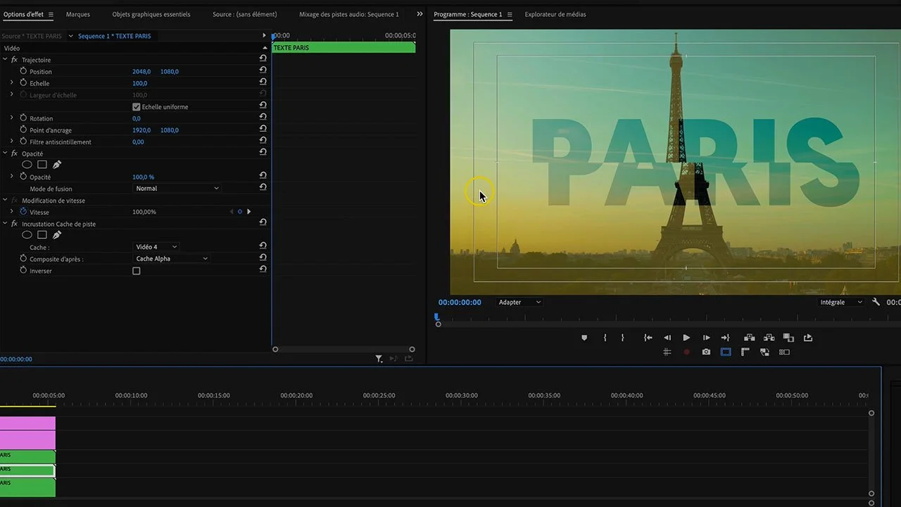 effet glitch texte Premiere Pro cache de piste décalage images clés - École des Vidéastes