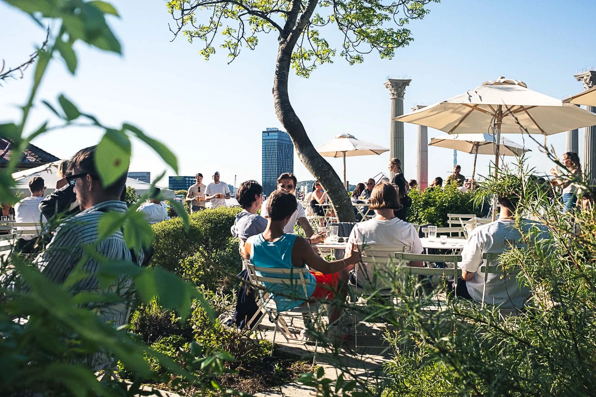 People enjoying outdoor dining on a rooftop terrace with umbrellas, greenery, and city skyline in the background on a sunny day.