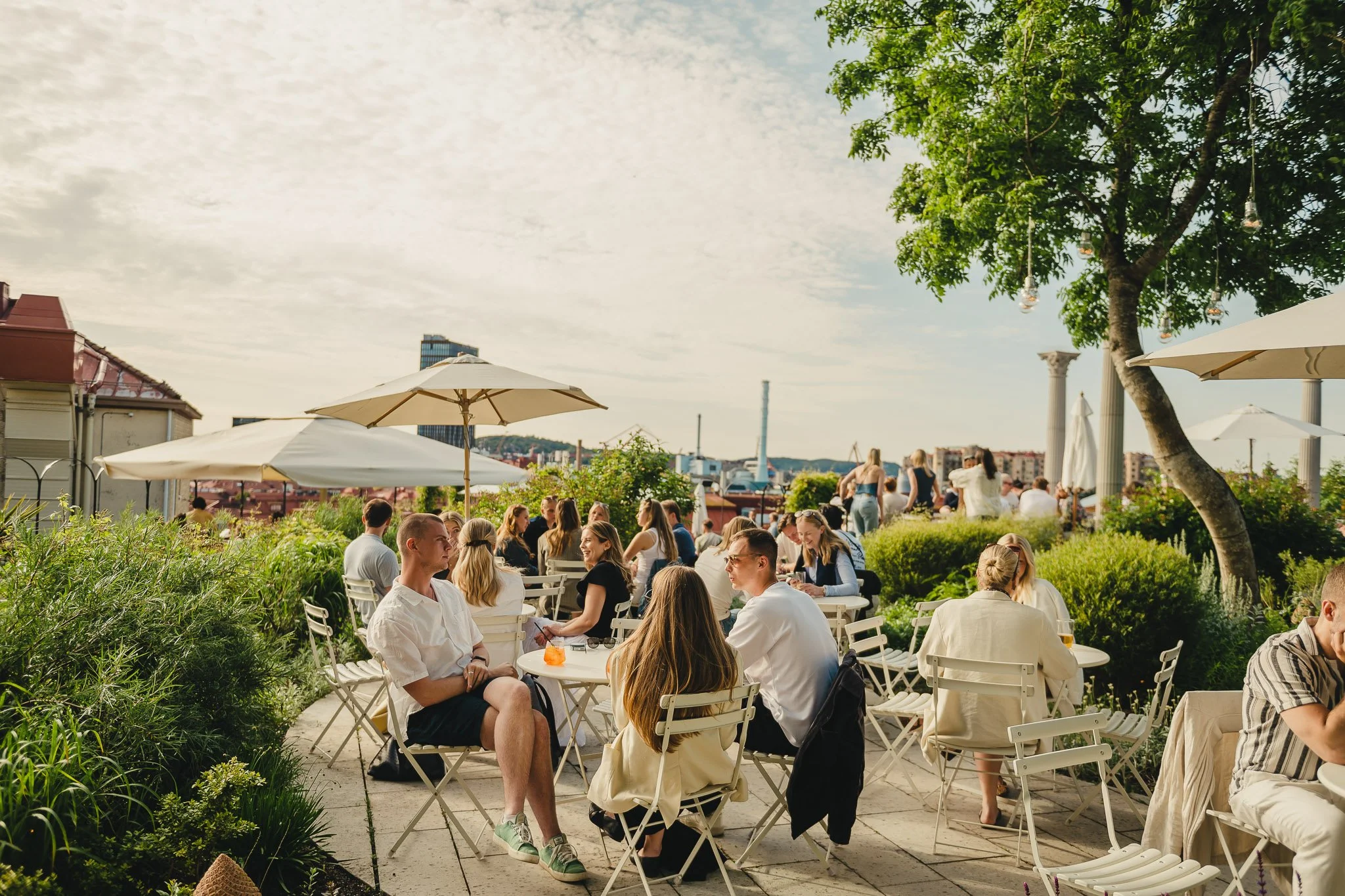 People enjoying outdoor dining on a rooftop terrace with umbrellas, greenery, and city skyline in the background.