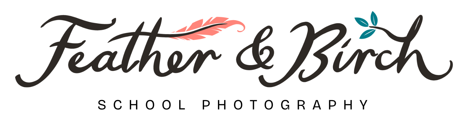 Logo with the words 'Feather & Birch', a pink feather and blue leaves