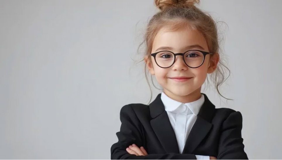 A young girl with glasses, wearing a black blazer and white shirt, posing with her arms crossed and smiling.
