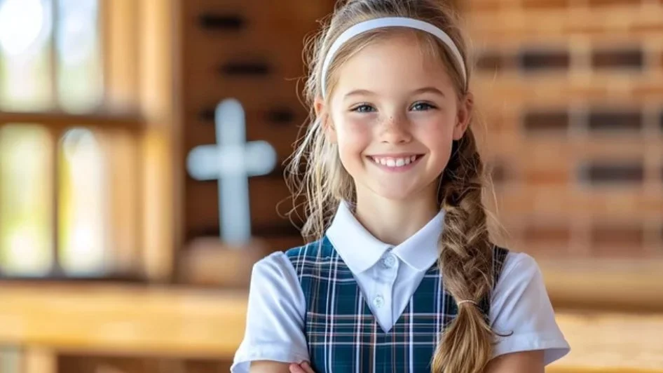 Young girl with a smile, wearing a school uniform, inside a church with a cross in the background.