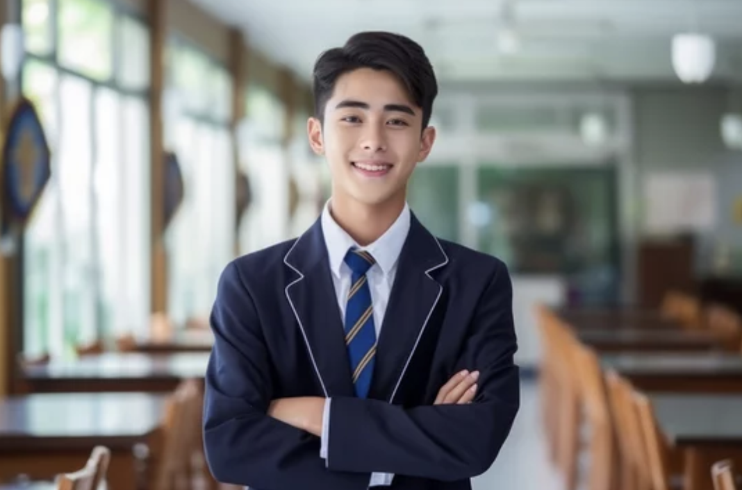 A young male student in a school uniform standing in a classroom with arms crossed, smiling at the camera.