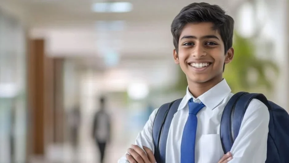 A smiling young boy with dark hair, wearing a white shirt, blue tie, and backpack, standing in a brightly lit indoor hallway, with blurred background figures.