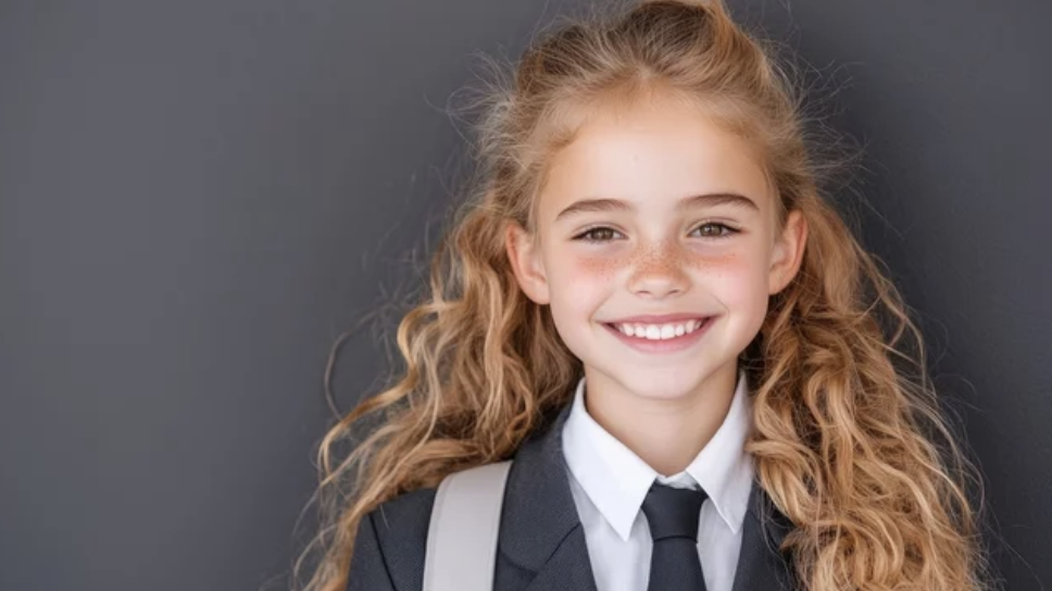 A young girl with curly red hair, wearing a school uniform with a tie and backpack, smiling against a gray background.