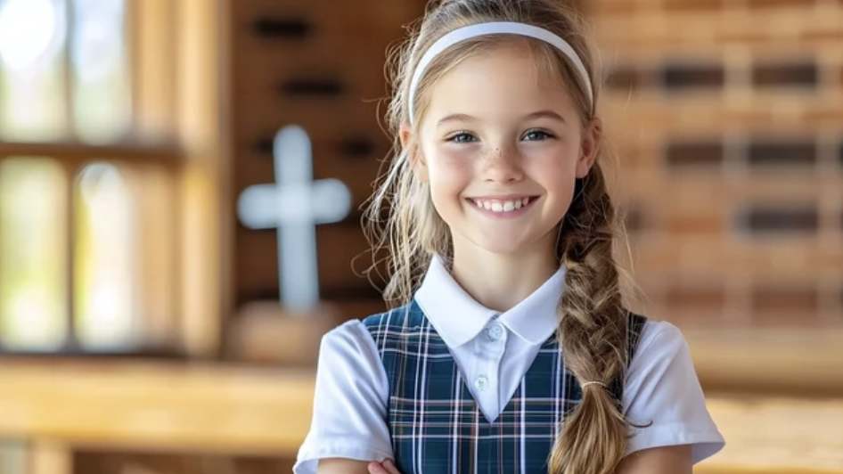 A young girl with long braided hair wearing a school uniform, smiling with arms crossed inside a church or chapel with a cross in the background.