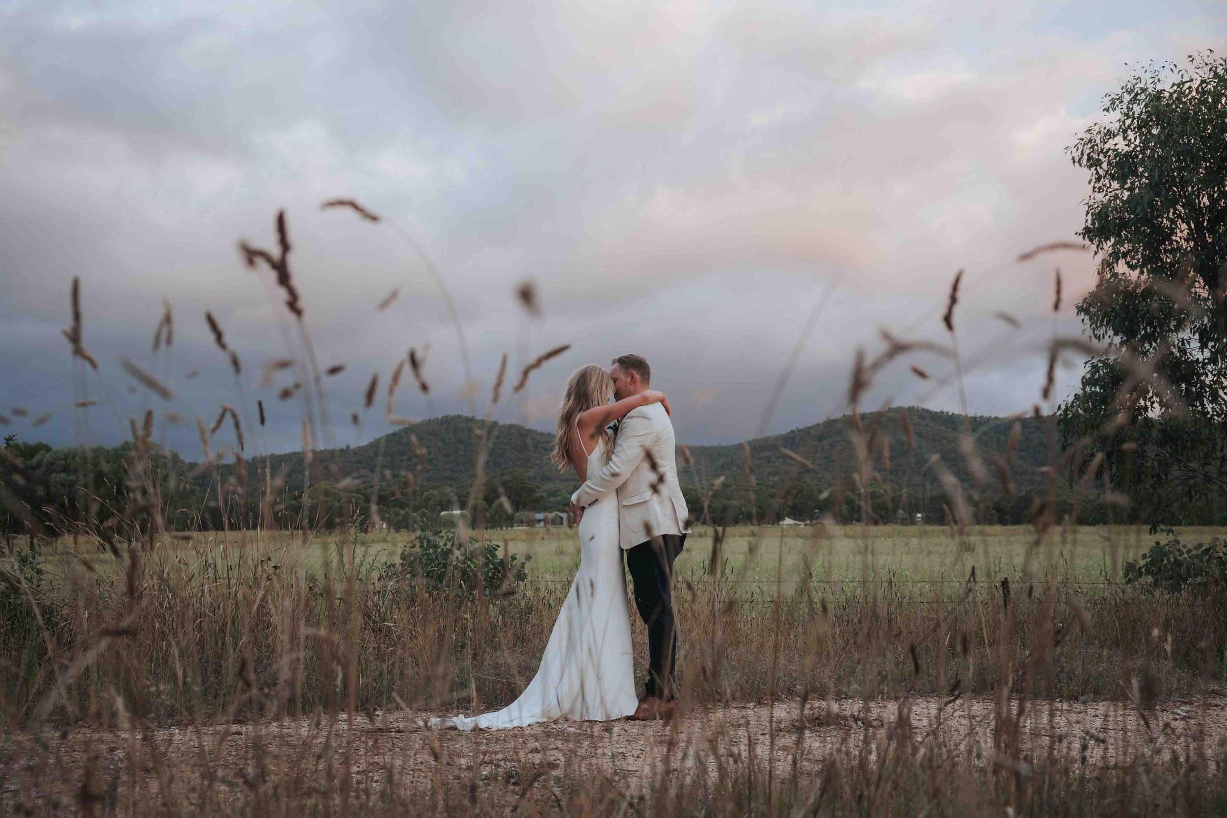 A couple dressed in wedding attire embracing in a field with mountains and cloudy sky in the background.