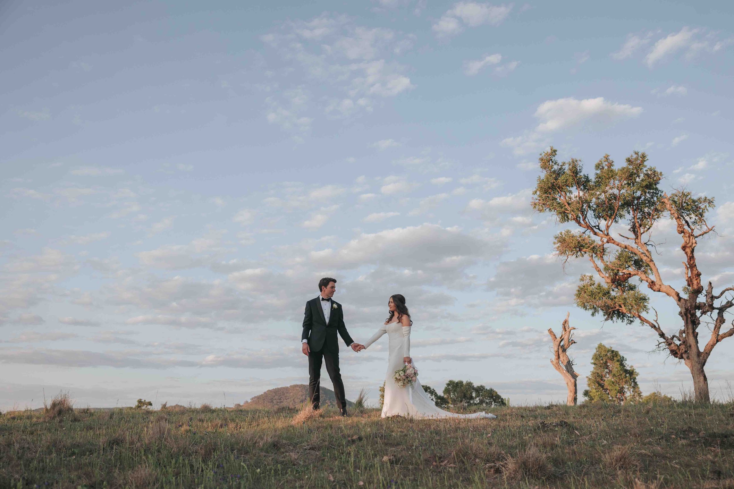 A bride and groom holding hands outdoors on a grassy hill, with a large tree and cloudy sky in the background during sunset.
