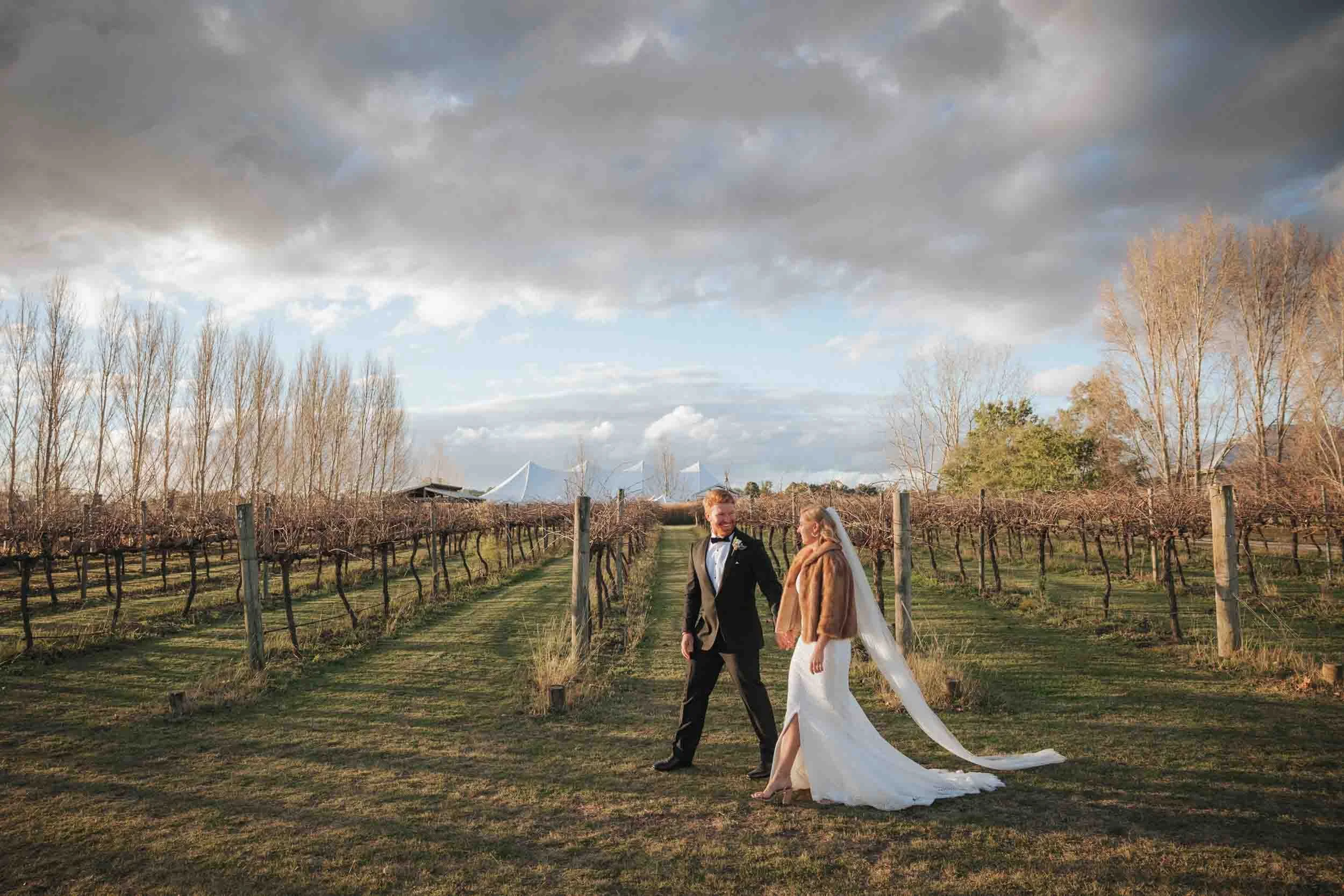 A bride and groom walking hand in hand through a vineyard on a cloudy day, with the bride wearing a white dress and a long veil and the groom in a black tuxedo, surrounded by leafless grapevines and a cloudy sky.