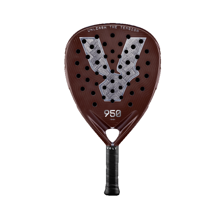 Front view of the VOLT 950 v5 padel racket, highlighting its powerful design and premium carbon construction.