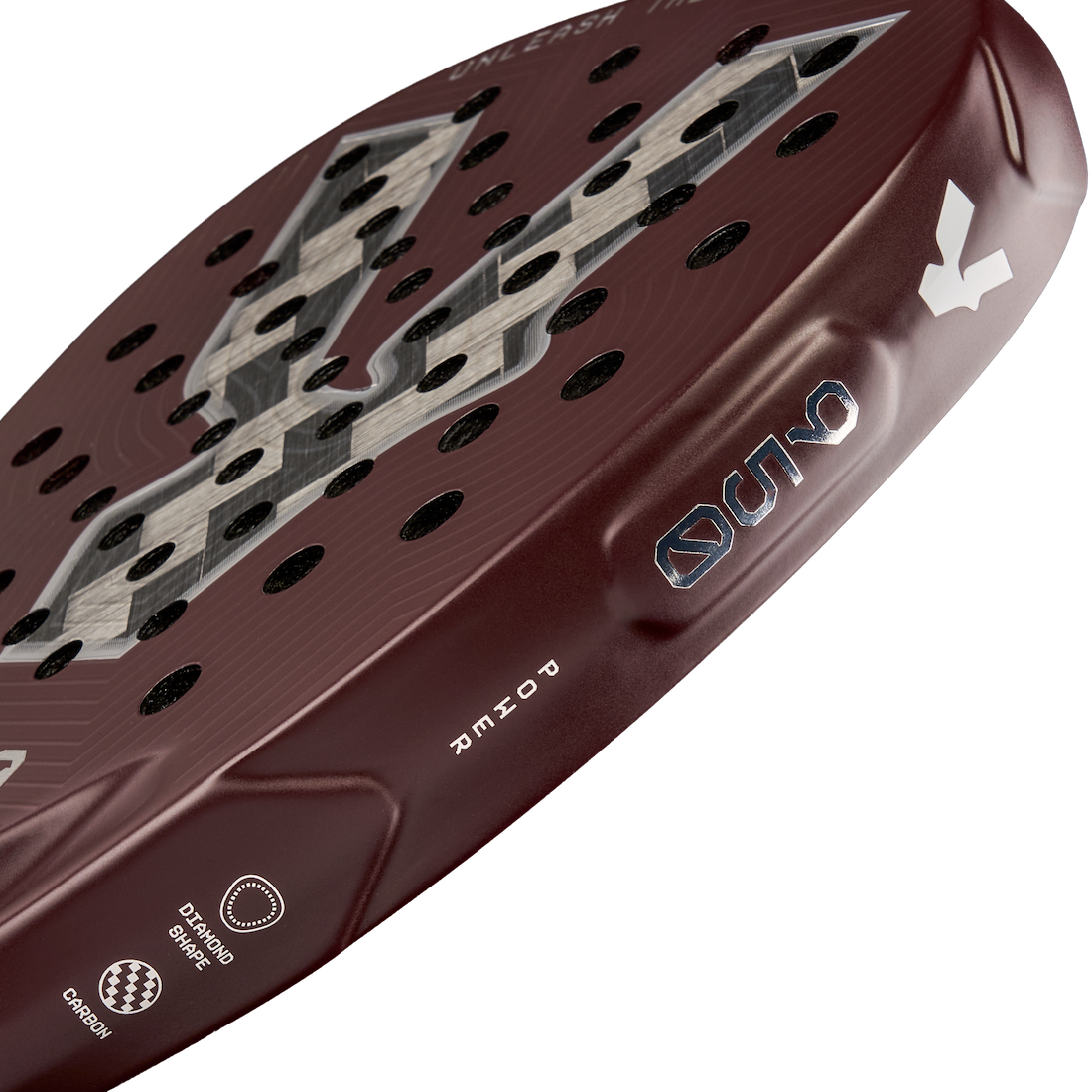 Side detail of the VOLT 950 v5 padel racket, featuring the Volt “V” logo, 950 numbering, and aerodynamic side profile.