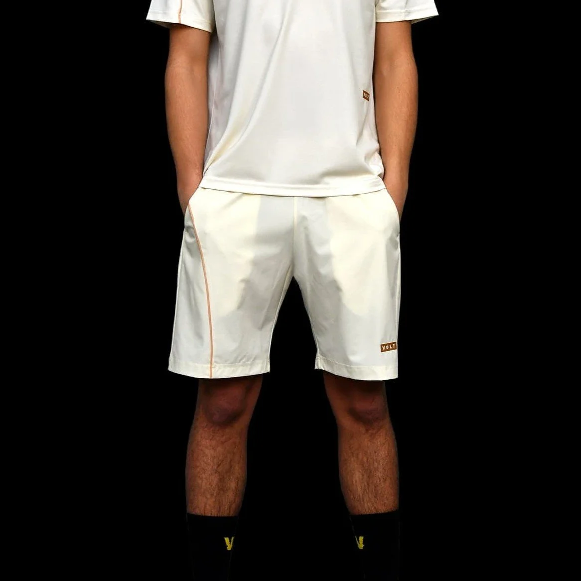 Volt Performance Shorts Beige & Gold zoomed full body view