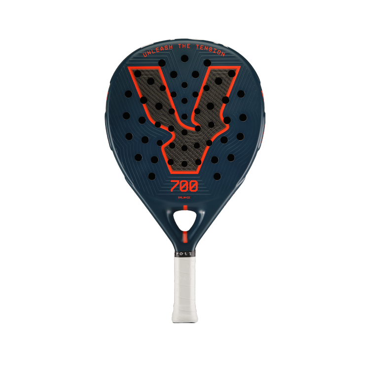 Front view of the Volt 700 V5 padel racket, showcasing its beautiful dark blue and fluor orange design with its 3K Tweel carbon pattern inside the big logo.