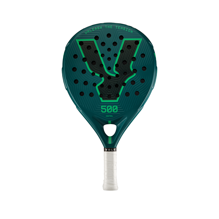 Front view of the Volt 500 V5 padel racket, showcasing its vibrant green and fluor green design with its 3K Tweel carbon pattern inside the big logo.